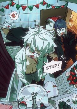 +++ 4boys alternate_costume angry bathroom bathtub black_jacket black_necktie black_pants blazer boxer_briefs boxers brushing_teeth bunting christmas christmas_wreath clothes_pull collared_shirt cup curtains cushion decorations dress_shirt earrings english_text expressionless flying_sweatdrops foreshortening formal_clothes from_above fuwa_minato green_eyes grey_hair hair_between_eyes hand_on_another&#039;s_shoulder hashtag-only_commentary highres indoors jacket jewelry kanae_(nijisanji) kenmochi_touya kotatsu kuzuha_(nijisanji) laughing long_sleeves looking_back male_focus male_underwear mini_christmas_tree mini_snowman mole mole_under_eye mug multiple_boys multiple_piercings necktie nijisanji note open_clothes open_mouth open_shirt pants pants_pull party_horn perspective pink_eyes pink_streaks pointy_ears polaroid_photo pulling_own_clothes purple_hair purple_streaks red_eyes saliva shirt short_hair sidelocks sink sishuiloe_1994 spoken_gift suit sweatdrop table talking television tile_wall tiles toilet toilet_paper toothbrush toothbrush_in_mouth toothpaste towel underwear v-shaped_eyebrows white_shirt wreath zabuton