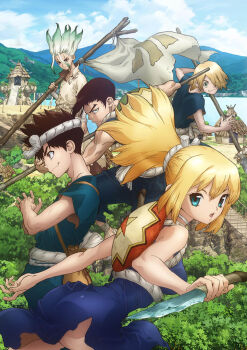 1girl 4boys ass backpack bag blonde_hair blue_dress blue_eyes brown_eyes brown_hair chrome_(dr._stone) closed_mouth cloud dagger day dr._stone dress ginro_(dr._stone) gradient_hair green_eyes green_hair highres holding holding_knife holding_weapon ishigami_senkuu kinro_(dr._stone) knife kohaku_(dr._stone) long_hair looking_at_viewer mountain multicolored_hair multiple_boys nature official_art open_mouth outdoors ponytail promotional_art shield sky sleeveless smile tree two-tone_hair weapon
