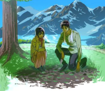 1boy 1girl amantes404 bird black_hair black_pants black_shoes commentary_request eren_yeager facial_scar full_body grass green_eyes grey_eyes grey_shirt hair_between_eyes hand_in_own_hair highres holding holding_trowel light_smile long_skirt looking_at_another mikasa_ackerman mountain on_one_knee outdoors pants parted_bangs pink_skirt red_scarf scar scar_on_cheek scar_on_face scarf shingeki_no_kyojin shirt shoes short_hair skirt squatting towel towel_around_neck tree trowel twitter_username under_tree white_shirt