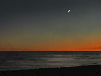 absurdres beach commentary crescent glowing highres horizon landscape moon no_humans orange_light original outdoors painterly scenery shore sunset surf symbol-only_commentary twulfs