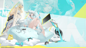 1girl absurdres bare_shoulders barefoot blue_eyes blue_hair chips_(food) choker computer florence_(girls'_frontline_2) food girls'_frontline girls'_frontline_2:_exilium gloves highres holding holding_phone long_hair pa-15_(girls'_frontline) phone potato_chips tongue