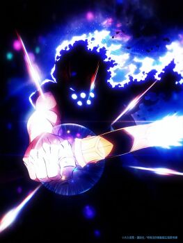 Rule 34 | 1992yajiryo, 1boy, arthur boyle, blue eyes, commentary, en'en no shouboutai, energy blade, energy sword, english commentary, fighting stance, highres, holding, holding sword, holding weapon, male focus, solo, sword, weapon