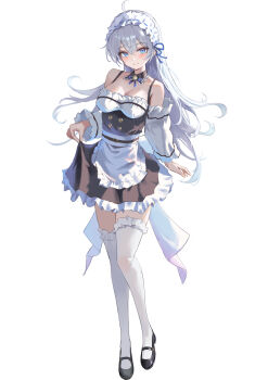 1girl absurdres ahoge ann_(enye5842) apron bare_shoulders belt black_belt black_collar black_dress black_shoes blue_eyes blush breasts cleavage closed_mouth collar commentary commentary_request commission detached_collar detached_sleeves dress english_commentary frilled_apron frilled_dress frilled_hairband frilled_thighhighs frills full_body hair_between_eyes hairband highres large_breasts light_smile long_hair looking_at_viewer maid maid_headdress mixed-language_commentary multicolored_dress original pixiv_commission ria_(vadur) shoes short_dress sidelocks simple_background solo tachi-e thighhighs thighs white_apron white_background white_dress white_hair white_hairband white_sleeves white_thighhighs zettai_ryouiki