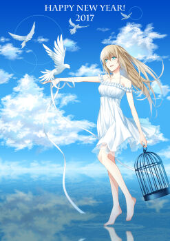 Rule 34 | 1girl, 2017, bandages, bird, bird on hand, birdcage, blonde hair, blue eyes, cage, cloud, commentary request, floating hair, full body, hair between eyes, happy new year, highres, holding, long hair, new year, nnm kmym, on water, original, outdoors, reflection, smile, solo