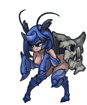 1girl animated animated_gif antennae armor black_eyes blue_hair bottomless bouncing_breasts breastplate breasts claws crab female_focus medium_breasts monster_girl monster_hunter_(series) muhut multicolored_hair personification shell shogun_ceanataur skull solo tagme thighs