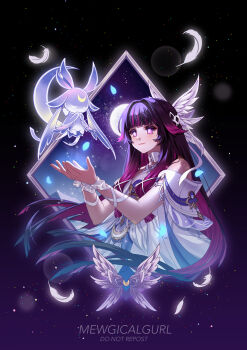 Rule 34 | 1girl, absurdres, artist name, bare shoulders, black hair, bow, columbina (genshin impact), commentary, dress, falling feathers, feathers, genshin impact, hair ornament, hands up, highres, light smile, long hair, luonnotar (genshin impact), marina (mewgicalgurlart), multicolored hair, purple eyes, purple hair, solo, unusually open eyes, very long hair, white bow, white dress, wing hair ornament, wrist bow