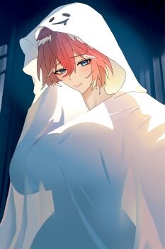 1girl absurdres blue_eyes blush breasts costume ghost_costume halloween halloween_costume head_wings highres hololive large_breasts oru_0653 pink_hair see-through_silhouette sheet_ghost short_hair smile solo takane_lui virtual_youtuber wings