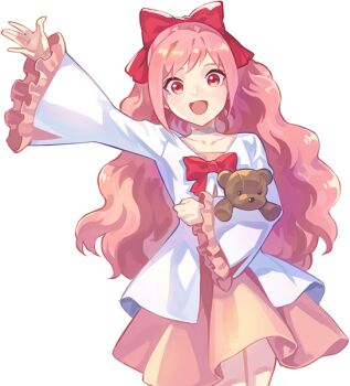 1girl :d \||/ alpha_transparency anais_del_caril arm_up artist_request bow choker clenched_hand coat coat_bow collarbone cowboy_shot dress frilled_sleeves frills hair_bow half_updo happy holding holding_stuffed_toy long_hair long_sleeves looking_at_viewer medium_dress nexon official_art open_hand open_mouth outstretched_arm pink_dress pink_eyes pink_hair pink_sleeves ponytail red_bow second-party_source side_slit sidelocks simple_background smile solo standing stuffed_animal stuffed_toy tales_weaver tareme teddy_bear tongue transparent_background waving wavy_hair white_choker white_coat white_sleeves wide_sleeves