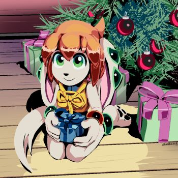 animal_ears anklet bad_tag basset_hound box christmas christmas_tree digitigrade dog_ears dog_girl dog_tail freedom_planet freedom_planet_2 furry furry_female gift gift_box goshaag green_eyes jewelry milla_basset orange_hair sitting sleeveless_jumpsuit tail wariza white_fur