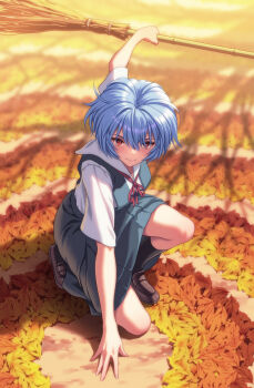 1girl arm_up autumn autumn_leaves ayanami_rei bamboo_broom black_socks blue_hair blue_skirt blue_vest blurry blurry_background blush breasts broom brown_shoes closed_mouth day fingernails full_body hair_between_eyes highres holding holding_broom leaf looking_afar looking_down medium_breasts neck_ribbon neon_genesis_evangelion on_one_knee open_clothes open_vest outdoors pleated_skirt red_eyes red_ribbon ribbon sailor_collar school_uniform shadow shirt shoes short_hair short_sleeves skirt skirt_set socks solo tokyo-3_middle_school_uniform vest white_shirt yahha