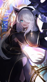 1girl absurdres ahoge alternate_costume analog_clock animal_ear_fluff animal_ears aqua_eyes black_dress black_veil braid clock cowboy_shot cross cross_necklace dress extra_ears fang fox_ears fox_girl fox_tail gloves habit hair_over_one_eye highres hololive jewelry latin_cross long_hair long_sleeves looking_at_viewer low-tied_long_hair necklace nun open_mouth pantyhose parted_bangs pelvic_curtain sash shirakami_fubuki side_braid sidelocks single_braid siyara_amau solo swept_bangs tail thigh_strap traditional_nun veil virtual_youtuber waist_sash white_hair yellow_sash