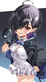 Rule 34 | 1girl, @shun, ahoge, black cloak, black gloves, black hair, blue bow, blue bowtie, blue cloak, blush, bow, bowtie, breasts, cleavage, cloak, commentary request, commission, cube, dantalian (ac8231), detached collar, dress, gloves, gradient hair, hair over one eye, hand up, highres, hood, hooded cloak, looking at viewer, medium breasts, multicolored hair, open mouth, original, pointy ears, purple hair, red eyes, second-party source, short hair, skeb commission, solo, thighs, two-sided cloak, two-sided fabric, two-tone cloak, white dress