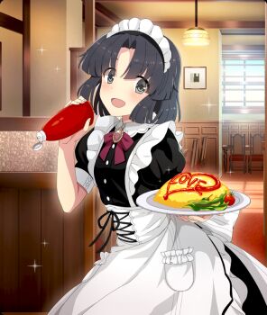 1girl alternate_costume apron black_dress black_hair blush bottle bow bowtie brooch buttons ceiling_light chair cherry_tomato cowboy_shot day dot_nose dress english_text enmaided food food_writing game_cg garnish gem grey_eyes heart holding holding_bottle holding_plate indoors jewelry ketchup_bottle looking_at_viewer maid maid_apron maid_headdress musumi_kiyoka official_art omelet omurice open_mouth parted_bangs picture_frame plate purple_bow purple_bowtie purple_gemstone restaurant short_hair short_sleeves smile solo sparkle third-party_source toji_no_miko toji_no_miko:_kizamishi_issen_no_tomoshibi tomato white_apron window