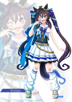 1girl absurdres anchor_necklace anchor_ornament animal_ears beret blue_nails blue_ribbon blush breasts brown_hair character_name commentary_request ear_covers full_body hair_between_eyes hat highres horse_ears horse_girl horse_tail jewelry konsu_(konsu1182da) long_hair looking_at_viewer loose_socks mole mole_under_eye multicolored_hair necklace one_eye_closed open_mouth purple_eyes ribbon shirt shoes simple_background single_ear_cover skirt smile socks streaked_hair tail twintails umamusume vivlos_(umamusume) vivlos_(voyage_etincelant)_(umamusume) white_background white_hat white_skirt white_socks zoom_layer