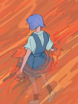 a-pose ayanami_rei black_socks blue_hair blue_skirt collared_shirt commentary corduroy_(cordrawroy) dress_shirt english_commentary engrish_commentary facing_away from_above from_behind highres kneehighs lcl neon_genesis_evangelion partially_immersed pleated_skirt ripples school_uniform shirt shoes short_hair sketch skirt socks suspender_skirt suspenders tokyo-3_middle_school_uniform uwabaki wading walking white_shirt white_shoes