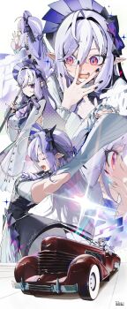 1girl absurdres armpits ascot black_nails bow bowtie breast_curtains breasts center_frills commentary_request cord_812_phaeton dress frills hairband highres korean_commentary long_hair medium_breasts mole mole_under_eye multiple_views pointy_ears purple_ascot purple_bow purple_bowtie purple_hair purple_hairband red_eyes sena_8ito shrug_(clothing) sideboob_cutout stretching vivian_banshee white_dress white_shrug zenless_zone_zero