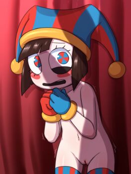 1boy 1girl absurdres asymmetrical_gloves blue_eyes blue_gloves blue_headwear blue_thighhighs brown_hair cleft_of_venus collarbone colored_skin cowboy_shot eyebrows eyelashes gloves hands_up harlequin hat heterochromia highres imminent_penetration imminent_rape loli looking_at_penis looking_to_the_side medium_hair motion_lines navel nervous open_mouth penis_shadow pomni_(the_amazing_digital_circus) pussy red_eyes red_gloves red_headwear red_thighhighs scared solo_focus standing striped_clothes striped_headwear striped_thighhighs teeth the_amazing_digital_circus thighhighs trembling two-tone_headwear two-tone_thighhighs uncensored upper_teeth_only vermelhatan vertical_stripes white_skin