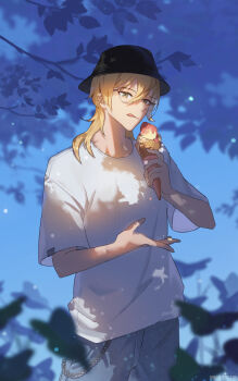 1boy 8083_blue black_hat blue_background bucket_hat commentary_request denim ensemble_stars! food hair_between_eyes hakaze_kaoru hat highres holding holding_food ice_cream jeans licking_lips male_focus outdoors pants shirt short_hair short_sleeves tongue tongue_out white_hair white_shirt