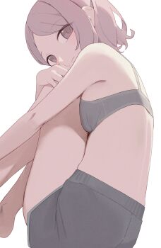 1girl black_shorts bra breasts brown_eyes closed_mouth commentary grey_bra grey_shorts highres hiroki_(yyqw7151) knees_up looking_at_viewer original pink_hair short_hair short_shorts shorts simple_background sitting small_breasts solo underwear white_background