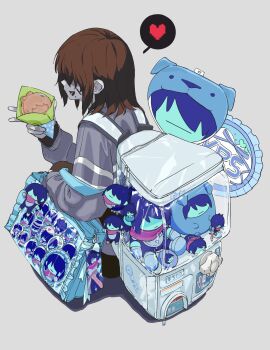 1other :d backpack badge bag blue_bag brown_hair button_badge character_badge character_charm character_doll charm_(object) colored_skin commentary_request covered_eyes deltarune doll food food_on_face from_behind grey_background grey_skin grey_sweater hair_over_eyes hand_fan heart highres holding holding_food itabag kris_(dark_world)_(deltarune) kris_(deltarune) lantern_madoyoi medium_hair merchandise on_floor open_mouth oshi-katsu other_focus paper_fan sitting smile solo spoken_heart striped_clothes striped_sweater sweater uchiwa utdr_(toby_fox) vessel_(deltarune)