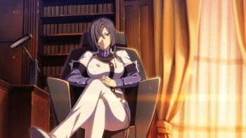 Rule 34 | 1girl, black hair, book, bookshelf, breasts, brown eyes, chair, closed mouth, collared shirt, crossed legs, curtains, eyes visible through hair, game cg, hair over one eye, indoors, interlocked fingers, jacket, large breasts, long hair, long sleeves, looking at viewer, non-web source, official art, on chair, origami yukari, pants, purple shirt, shirt, sitting, solo, toji no miko, toji no miko: kizamishi issen no tomoshibi, very long hair, white jacket, white pants