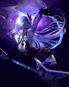 1girl absurdres alternate_costume armpits black_dress breasts closed_mouth commentary dress electric_guitar english_commentary genshin_impact guitar hair_ornament hand_up highres holding holding_guitar holding_instrument instrument lips long_hair looking_at_viewer marygold medium_breasts pencil_dress purple_background purple_hair purple_hands red_eyes skirk_(genshin_impact) solo