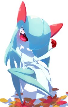 Rule 34 | 1girl, artist name, autumn leaves, closed mouth, colored skin, female focus, flat chest, gen 3 pokemon, green hair, green skin, hair over one eye, hand on own cheek, hand on own face, hands up, highres, holding, holding leaf, kirlia, knee up, leaf, legs, long hair, looking at viewer, multicolored skin, nintendo, no feet, one eye covered, pokemon, pokemon (creature), red eyes, sidelocks, signature, simple background, solo, tsukkon, twitter username, two-tone skin, white background, white skin