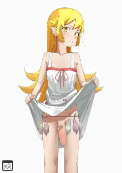 1futa bandaid bandaid_on_penis bare_arms blonde_hair clothes_lift condom condom_belt dress dress_lift futanari grin highres lifting_own_clothes loli long_hair looking_at_viewer monogatari_(series) oshino_shinobu penis simple_background sleeveless sleeveless_dress smile solo straysecond testicles uncensored used_condom white_background white_dress yellow_eyes