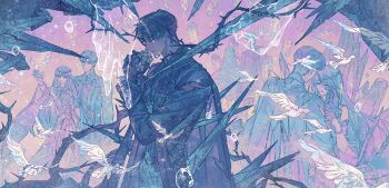 1boy 1girl bird breasts cape chaoxibumian closed_eyes couple dress flower hand_on_another&#039;s_cheek hand_on_another&#039;s_face hetero high-low_dress highres holding holding_flower long_hair looking_at_another love_and_deepspace medium_breasts multiple_views protagonist_(love_and_deepspace) short_hair tears thorns torn_clothes upper_body wide_sleeves wiping_tears zayne_(love_and_deepspace)