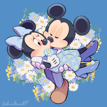 1boy 1girl animal_ears blush bow carrying disney dress flower gamorangetana hair_bow hetero high_heels highres kiss kissing_cheek mickey_mouse mickey_mouse_&amp;_friends minnie_mouse mouse_ears princess_carry pumps shoes signature