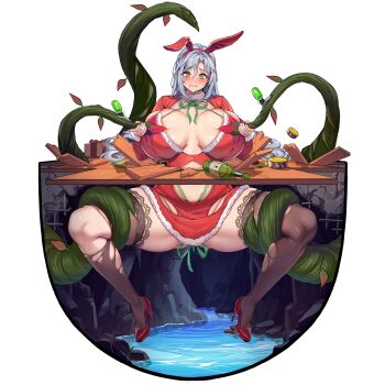1girl @_@ animal_ears black_thighhighs blush bottle bowlegged_pose breasts breasts_apart can canned_tuna carpet christmas_lights christmas_present circe_(last_origin) clenched_teeth clothing_cutout crack cracked_wall detached_sleeves dress drooling drunk empty_bottle english_text fake_animal_ears framed_breasts full_body fur-trimmed_dress fur-trimmed_sleeves fur_collar fur_trim gift glass_bottle grabbing_another's_breast green_eyes green_ribbon grey_hair groin_tendon groping hair_between_eyes hair_intakes hair_ornament high_heels highres hip_vent holding_tentacle huge_breasts lace lace-trimmed_thighhighs lace_trim last_origin leaf leg_grab long_hair looking_down official_alternate_costume official_art plank plant playboy_bunny rabbit_ears rebar red_dress red_footwear red_ribbon ribbon santa_costume santa_dress short_dress simple_background skindentation solo spread_legs stomach_cutout strapless strapless_dress sweat tachi-e taut_clothes taut_dress teeth tentacle_pit tentacles thick_thighs thighhighs thighs third-party_source through_ground tongue tongue_out torn_clothes torn_thighhighs transparent_background vines water wine_bottle wooden_floor wow_(cor369) wrapped_up x_hair_ornament