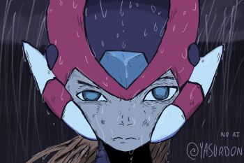 Rule 34 | armor, forehead, gem, helmet, male focus, mega, mega man (series), mega man zero (series), non-web source, rain, reze's eye twitch (chainsaw man), zero (mega man)