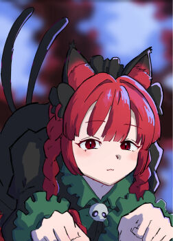 1girl :3 all_fours animal_ear_fluff animal_ears blunt_bangs blurry blurry_background blush cat_ears cat_girl cat_tail closed_mouth commentary hair_intakes juliet_sleeves kaenbyou_rin long_sleeves looking_at_viewer multiple_tails puffy_sleeves red_eyes red_hair sanunaaenn solo tail touhou two_tails
