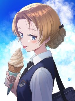1girl absurdres bag black_necktie blue_eyes blue_sky blush braid cloud cloudy_sky commentary_request food girls_und_panzer highres holding ice_cream kainushi looking_at_viewer necktie orange_hair orange_pekoe_(girls_und_panzer) outdoors profile school_bag school_uniform shirt short_hair sky soft_serve solo st._gloriana's_school_uniform tongue tongue_out twin_braids upper_body vest white_shirt