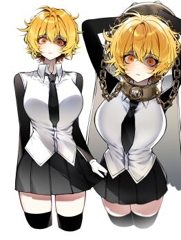 1girl absurdres black_necktie black_skirt black_sleeves black_thighhighs blonde_hair chain cherry_oux collar collared_shirt commentary_request cuffs-to-collar don_quixote_(project_moon) empty_eyes highres index_(identity)_(project_moon) korean_commentary limbus_company multiple_views necktie orange_eyes pleated_skirt project_moon shirt simple_background skirt thighhighs white_background white_shirt wide-eyed