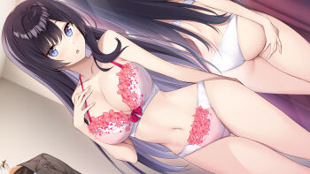 1girl ass bare_arms black_hair blue_eyes blush bra breasts clothes_hanger colored_inner_hair commentary dutch_angle english_commentary fitting_room flower-trimmed_bra flower-trimmed_panties flower_trim grey_hair hand_on_own_chest highres indoors jacket lapels large_breasts light_blush lingerie lingeries_(ramune_games) long_hair looking_at_viewer makabe_aisu mirror mixed-language_commentary multicolored_hair navel notched_lapels official_art open_mouth oryo_(oryo04) panties reflection second-party_source solo stomach thigh_gap thighs underwear unworn_clothes unworn_jacket white_bra white_panties