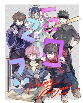 2026 5boys ace_of_diamond ball baseball_(object) baseball_bat black-framed_eyewear black_headband blue_hair blush blush_stickers brown_hair coat dated duffel_coat ear_protection fur-trimmed_coat fur_trim furuya_satoru glasses grin hair_between_eyes hand_on_own_hip happy_new_year hashtag-only_commentary headband highres holding holding_ball holding_with_gesture kominato_haruichi kuramochi_youichi looking_at_viewer male_focus miyuki_kazuya multiple_boys new_year open_mouth pink_hair rectangular_eyewear red_scarf sawamura_eijun scarf shaka_sign shoes short_hair sitting smile squatting srhyb2 standing v white_coat wristband yellow_eyes zipper_pull_tab