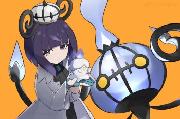 1girl black_dress blue_gloves blunt_bangs bob_cut chandelure closed_mouth coat dress eyelashes gen_5_pokemon gloves gwynn_(pokemon) hat highres holding holding_pokemon litwick long_sleeves looking_at_viewer mega_stone nintendo open_clothes open_coat orange_background partially_fingerless_gloves pokemon pokemon_(creature) pokemon_legends:_z-a pucipumpkin purple_eyes purple_hair short_hair smile white_coat
