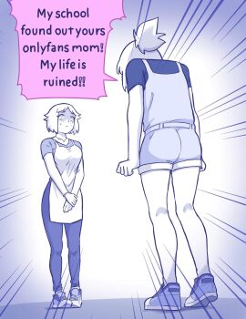 2girls apron bracelet breasts commentary constricted_pupils emphasis_lines english_commentary english_text greyscale highres jewelry large_breasts mimundoalex monochrome mother_and_daughter multiple_girls original overalls pants ponytail shaded_face shoes short_hair sneakers