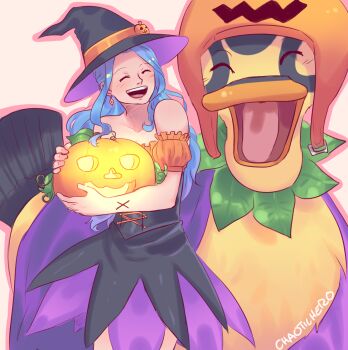 Rule 34 | 1girl, ^ ^, artist name, bird, blue hair, blush, caydeus, closed eyes, commentary, cross-laced clothes, cross tattoo, dress, duck, earrings, english commentary, hat, holding, holding pumpkin, hood, jewelry, karoo (one piece), long hair, nefertari vivi, one piece, pumpkin, sidelocks, simple background, tattoo, witch hat