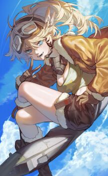1girl :d absurdres blonde_hair blue_eyes blue_sky boots breasts broom broom_riding brown_boots brown_gloves brown_jacket brown_shorts cloud collarbone crossed_legs day from_side full_body gloves goggles goggles_on_head green_shirt hand_on_own_hip hand_up headset highres jacket lilya_(reverse:1999) long_hair looking_at_viewer mask mask_around_neck mechanical_broom medium_breasts midriff open_mouth oxygen_mask ponytail reverse:1999 ryoryo. shirt shorts sidesaddle sitting sky smile solo v