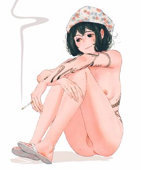 arm_tattoo artificial_eye black_hair black_sclera breasts cigarette cleft_of_venus colored_sclera completely_nude crossed_arms flip-flops highres holding holding_cigarette knees_up legs_together mechanical_eye nipples nude original pussy red_eyes rib_tattoo sandals short_hair simple_background sitting small_breasts spindle_(aidenr0) stomach_tattoo tattoo tether_(spindle_(aidenr0)) towel towel_on_head white_background white_sandals