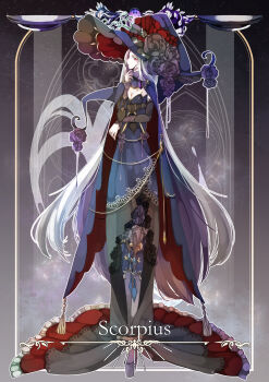 Rule 34 | 1girl, absurdres, black arm warmers, black background, black dress, black flower, black nails, black rose, blue cape, blue dress, blue hat, breasts, cape, cleavage, closed mouth, clothing cutout, dress, erc, facing to the side, fingernails, flower, frilled headwear, full body, hand on own chin, hat, hat flower, highres, lace, lace-trimmed dress, lace trim, light smile, long dress, long hair, long legs, looking at viewer, medium breasts, mermaid dress, original, pantyhose, parted bangs, platform heels, profile, purple shoes, red eyes, rose, scorpio (zodiac), sharp fingernails, shoes, sideways glance, solo, standing, strapless, strapless dress, two-sided fabric, two-sided headwear, two-tone dress, very long fingernails, very long hair, white hair, white pantyhose, witch hat, zodiac