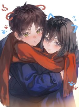 1boy 1girl aged_down animal_ears black_hair blue_coat blush brown_hair closed_mouth coat commentary drawn_ears eren_yeager fake_animal_ears flying_sweatdrops green_eyes grey_eyes hair_between_eyes heads_together highres hug long_sleeves looking_at_viewer mikasa_ackerman red_scarf scarf shared_clothes shared_scarf shingeki_no_kyojin short_hair symbol-only_commentary upper_body yun_(dl2n5c7kbh8ihcx)