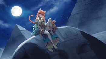 1girl absurdres alternate_costume ancient_egyptian ancient_egyptian_clothes animal_ears breasts cat cat_ears cat_girl cat_tail chonkers_(takanashi_kiara) cleavage commission earrings egypt feather_earrings feathers full_moon great_pyramid_of_giza highres hololive hololive_english jewelry ladymelt large_breasts long_hair looking_at_viewer moon navel orange_hair petting purple_eyes pyramid pyramid_(structure) pyramid_of_khafre see-through_clothes sky smile smoothie_(takanashi_kiara) solo great_sphinx_of_giza star_(sky) starry_sky tail takanashi_kiara virtual_youtuber