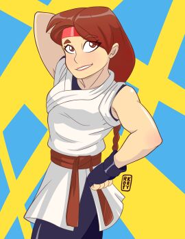 Rule 34 | 1girl, braid, braided ponytail, brown eyes, brown hair, dougi, female focus, hairband, karate gi, leggings, long hair, looking at viewer, pale skin, pants, ponytail, the king of fighters, thick thighs, thighs, yoga pants, yuri sakazaki