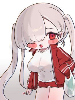 Rule 34 | 1girl, absurdres, alternate costume, bag, blush, bottle, breasts, chibi, chromatic aberration, cigarette, cinderella (nikke), commentary request, cowboy shot, deformed, exhaling smoke, fewer digits, goddess of victory: nikke, hair over one eye, hand in pocket, highres, holding, holding bag, holding cigarette, jacket, large breasts, long hair, long sleeves, looking at viewer, mming (mmingis18), open clothes, open jacket, open mouth, red eyes, red jacket, red shorts, short shorts, shorts, simple background, smoke, solo, track jacket, twintails, very long hair, white background, white hair