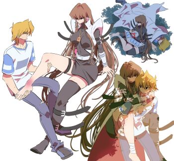 1boy 1girl black_dress blonde_hair blue_pants breasts brown_eyes brown_hair card_pendant coat commentary denim dress english_commentary genderswap genderswap_(mtf) highres jonouchi_katsuya kaiba_seto large_breasts long_hair open_clothes open_coat pants shirt simple_background white_background white_coat white_shirt yellow_eyes yu-gi-oh! yu-gi-oh!_duel_monsters zackpyo