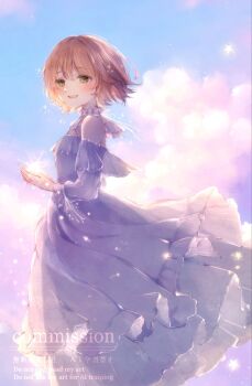 Rule 34 | 1girl, anna (k0130), bare shoulders, blue dress, blue sky, blue sleeves, breasts, brown hair, cloud, cloudy sky, commentary, commission, detached sleeves, double-parted bangs, dress, english commentary, evening, feet out of frame, floating clothes, floating hair, frilled dress, frilled sleeves, frills, from side, glowing, glowing hand, gown, green eyes, highres, light particles, long dress, long sleeves, looking to the side, open mouth, original, outdoors, own hands together, see-through clothes, see-through sleeves, short hair, sidelighting, skeb commission, sky, sleeveless, sleeveless dress, small breasts, smile, solo, sparkle, sparkling aura, standing, star (sky), star (symbol), sunlight, teeth, upper teeth only, watermark, wind