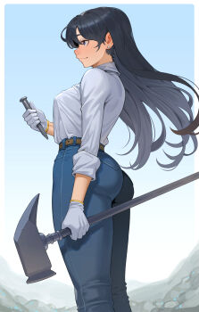 1girl arato_nagi ass belt black_hair blue_pants blue_sky cheshirrr chisel closed_mouth collared_shirt commentary denim ear_piercing earrings gloves gradient_sky hammer highres holding holding_chisel holding_hammer jeans jewelry long_hair long_sleeves outdoors pants piercing purple_eyes rock ruri_no_houseki shirt sidelocks sky sleeves_rolled_up smile solo stud_earrings white_gloves white_shirt